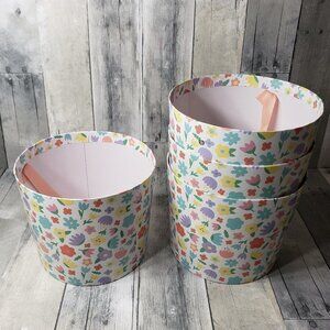 Set of 4 Floral Cardboard Buckets with Ribbon Handle 7"x8"